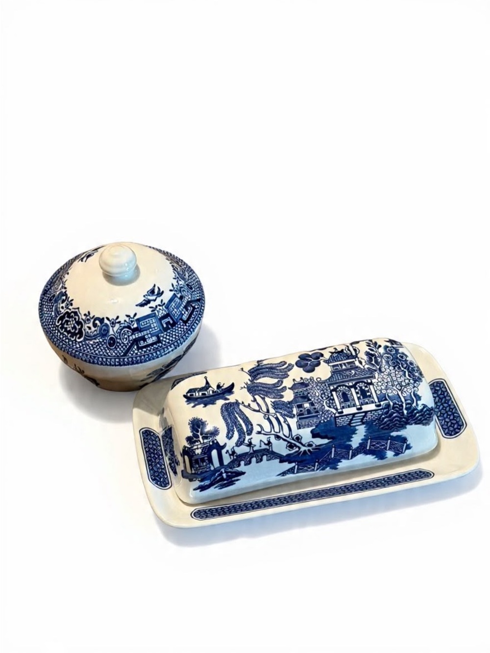 Churchill Willow Blue Butter Dish with Lid and Jar